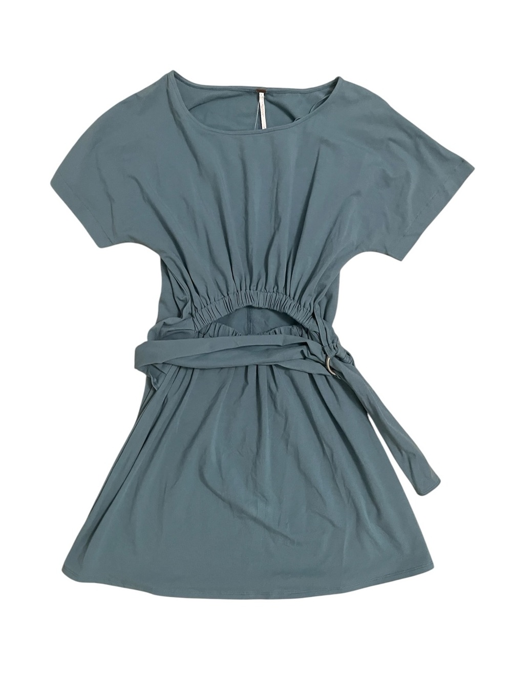 Free People Dusty Blue Short-Sleeve Belted Keyhole Mini Dress New Small